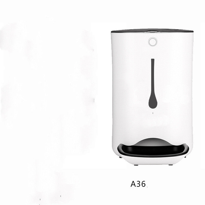 smart automatic pet feeder with camera in sleek white design, featuring a food dispensing opening and interactive camera.