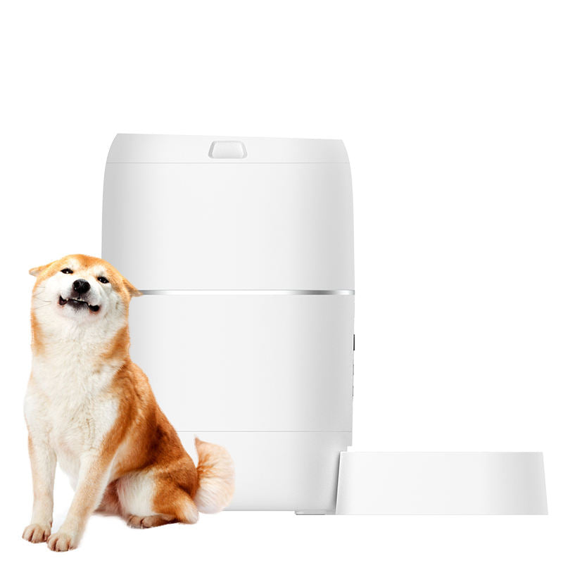 Smart automatic pet feeder next to a happy dog, simplifying pet feeding with voice and video options.