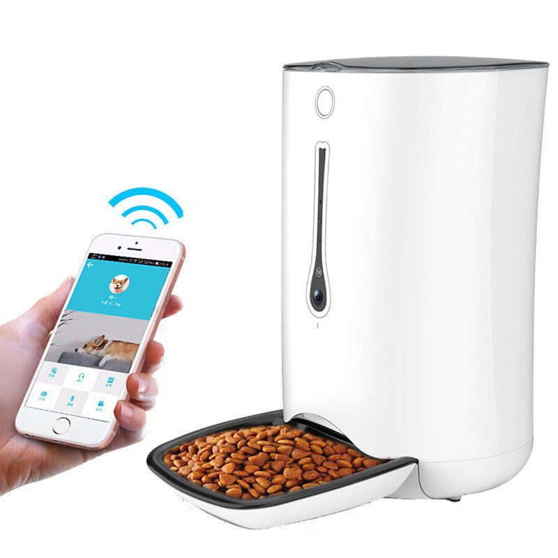 smart automatic pet feeder with camera connected to smartphone for remote feeding and monitoring