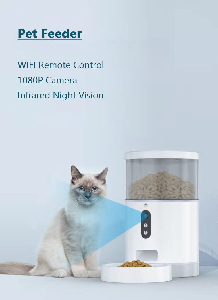 Smart automatic pet feeder with WIFI, 1080P camera, and infrared night vision, alongside a cat.